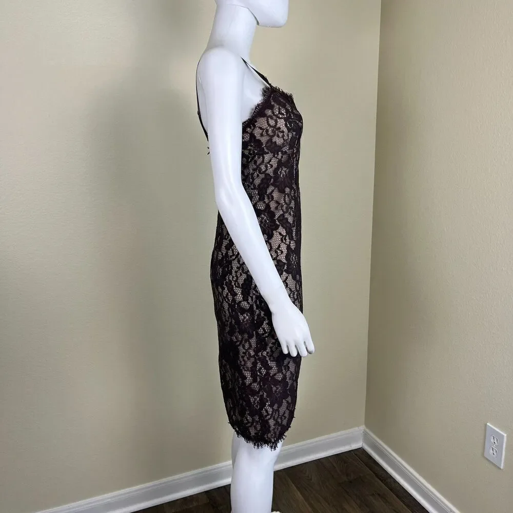 Rebecca Taylor Women Size 4 Brown Floral Lace Bodycon Midi Dress Sleevless Party